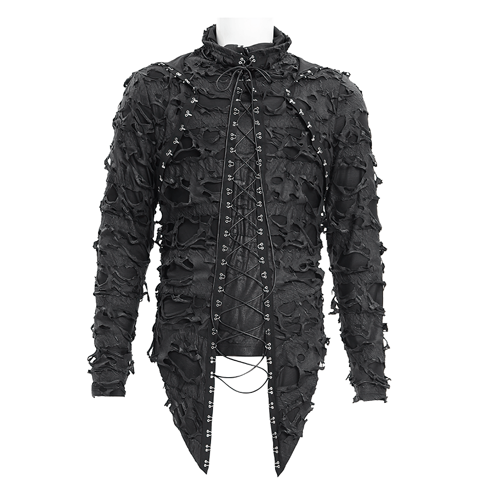 Shredded Gothic Hooded Hodie with Lace-Up Design