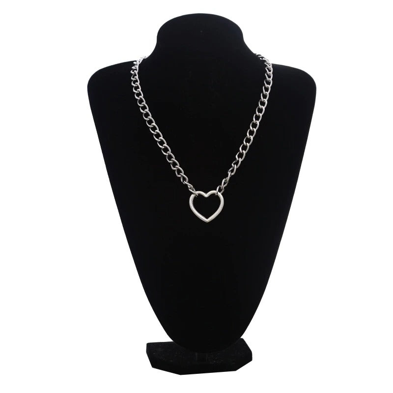 Silver Color Chain Necklace / Gothic Heart Shape Pendant Necklace / Witch Festival Fashion Jewelry