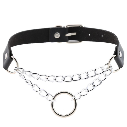 Silver Color Chain Necklace / PU Leather Gothic Choker With Ring And Chain / Unisex Neck Jewelry