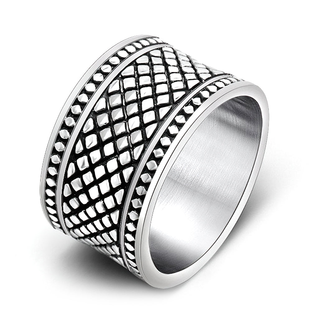 Silver Color Grid Pattern Men's And Women's Ring / Unisex Wide Finger Ring / Stainless Steel Jewelry