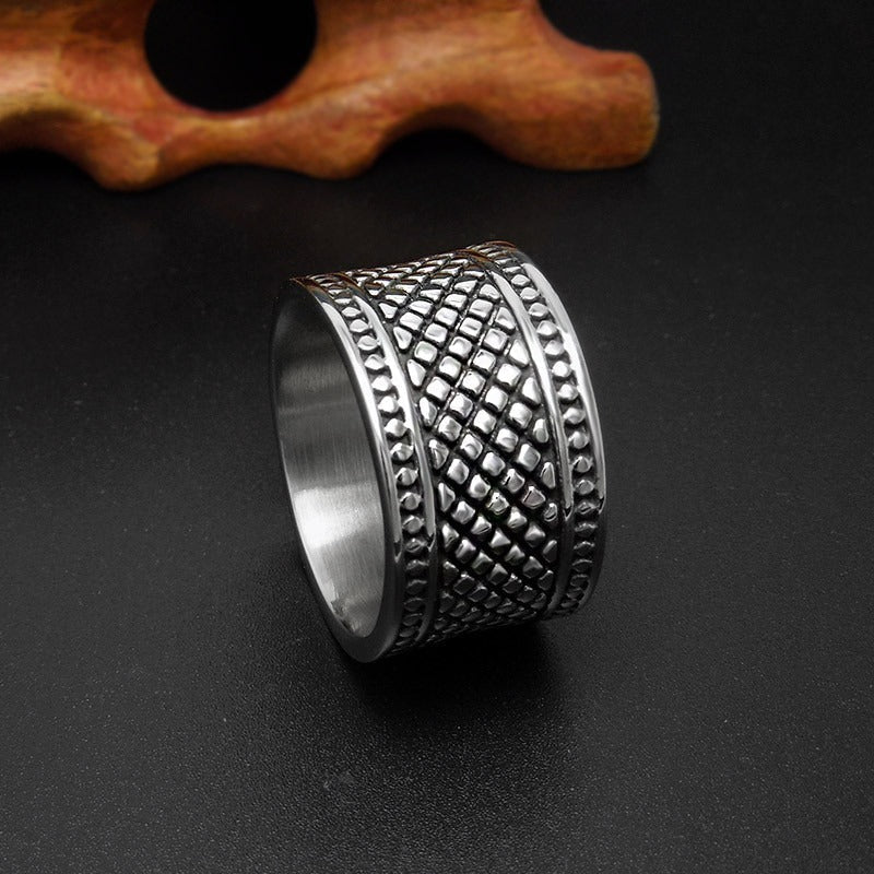 Silver Color Grid Pattern Men's And Women's Ring / Unisex Wide Finger Ring / Stainless Steel Jewelry