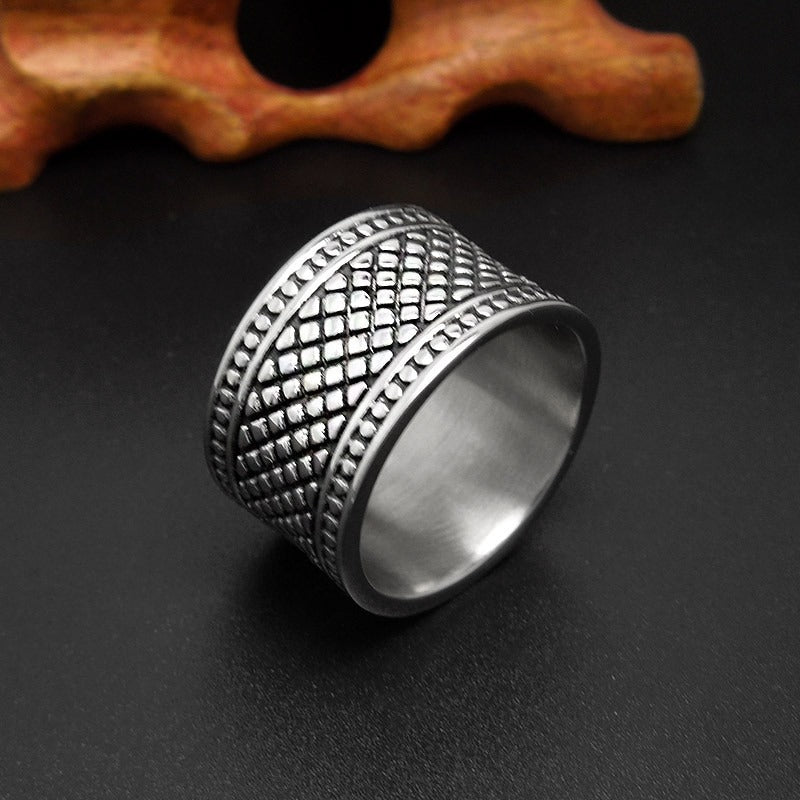 Silver Color Grid Pattern Men's And Women's Ring / Unisex Wide Finger Ring / Stainless Steel Jewelry