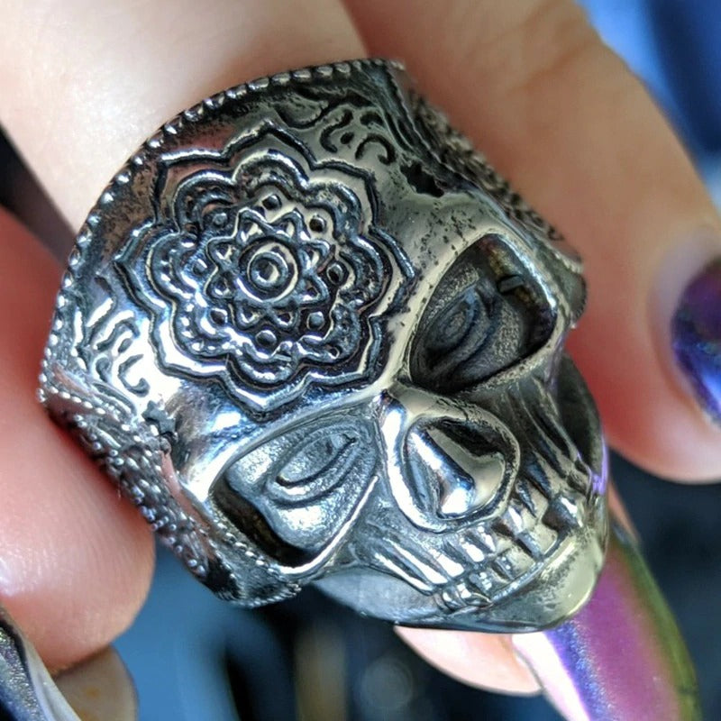 Silver Color Heavy Sugar Skull Ring / Mens Mandala Flower Biker Jewelry / Cool Rings
