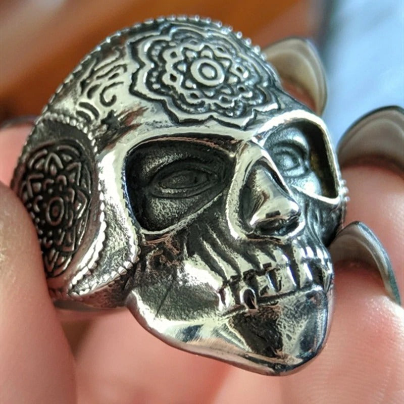 Silver Color Heavy Sugar Skull Ring / Mens Mandala Flower Biker Jewelry / Cool Rings