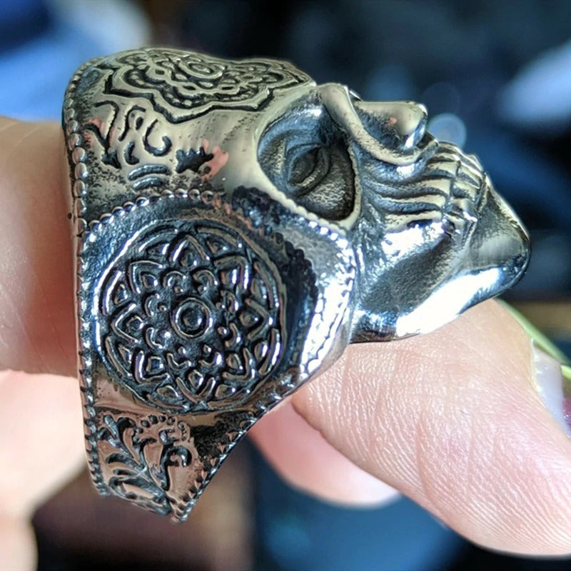 Silver Color Heavy Sugar Skull Ring / Mens Mandala Flower Biker Jewelry / Cool Rings