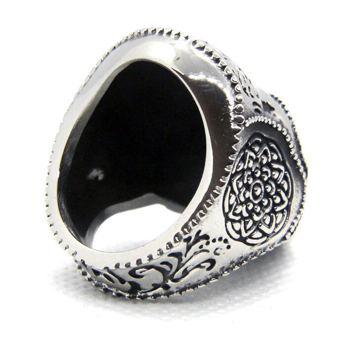 Silver Color Heavy Sugar Skull Ring / Mens Mandala Flower Biker Jewelry / Cool Rings