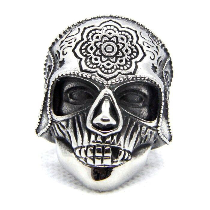 Silver Color Heavy Sugar Skull Ring / Mens Mandala Flower Biker Jewelry / Cool Rings