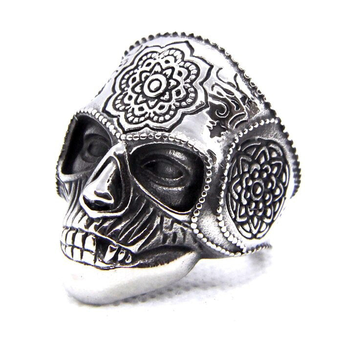 Silver Color Heavy Sugar Skull Ring / Mens Mandala Flower Biker Jewelry / Cool Rings
