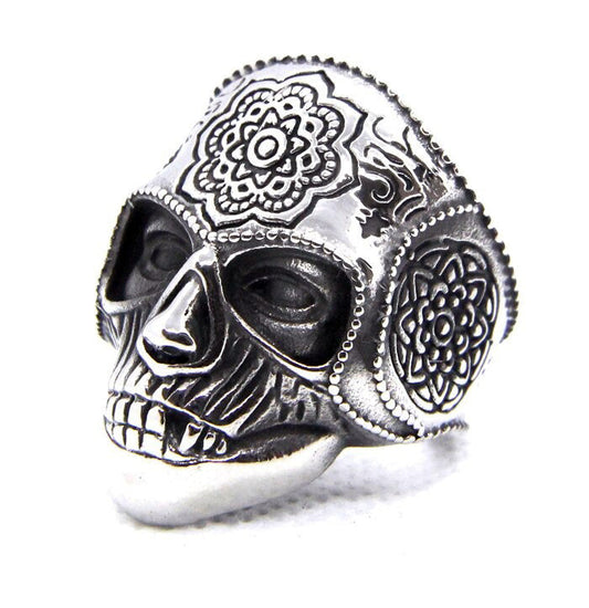 Silver Color Heavy Sugar Skull Ring / Mens Mandala Flower Biker Jewelry / Cool Rings