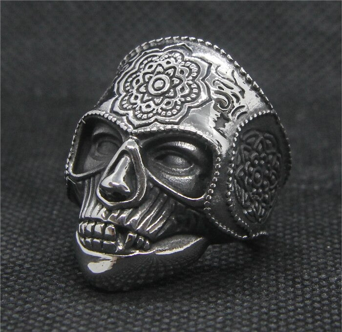 Silver Color Heavy Sugar Skull Ring / Mens Mandala Flower Biker Jewelry / Cool Rings