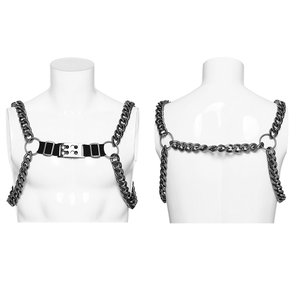 Silver-Linked Punk Chain Harness With Buckles for Men