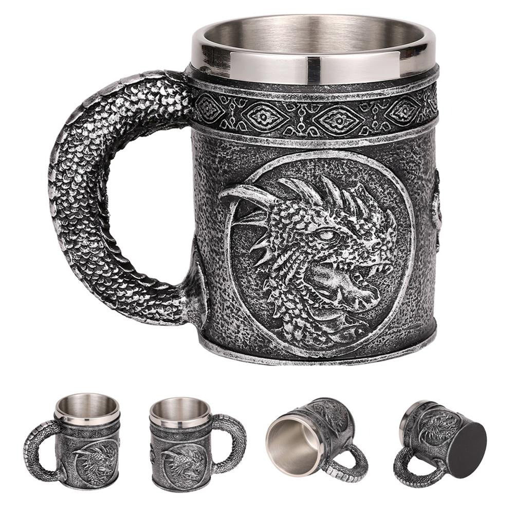 Silver Resin and Stainless Steel Beer 450ml Mug / Retro Viking Pub Bar Mug with Dragon Head