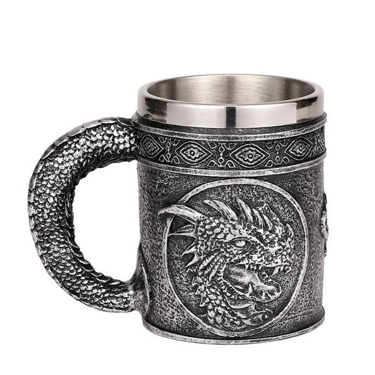 Silver Resin and Stainless Steel Beer 450ml Mug / Retro Viking Pub Bar Mug with Dragon Head