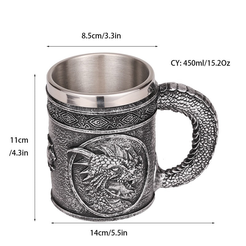 Silver Resin and Stainless Steel Beer 450ml Mug / Retro Viking Pub Bar Mug with Dragon Head
