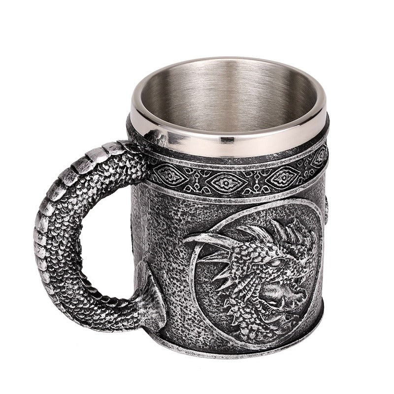 Silver Resin and Stainless Steel Beer 450ml Mug / Retro Viking Pub Bar Mug with Dragon Head