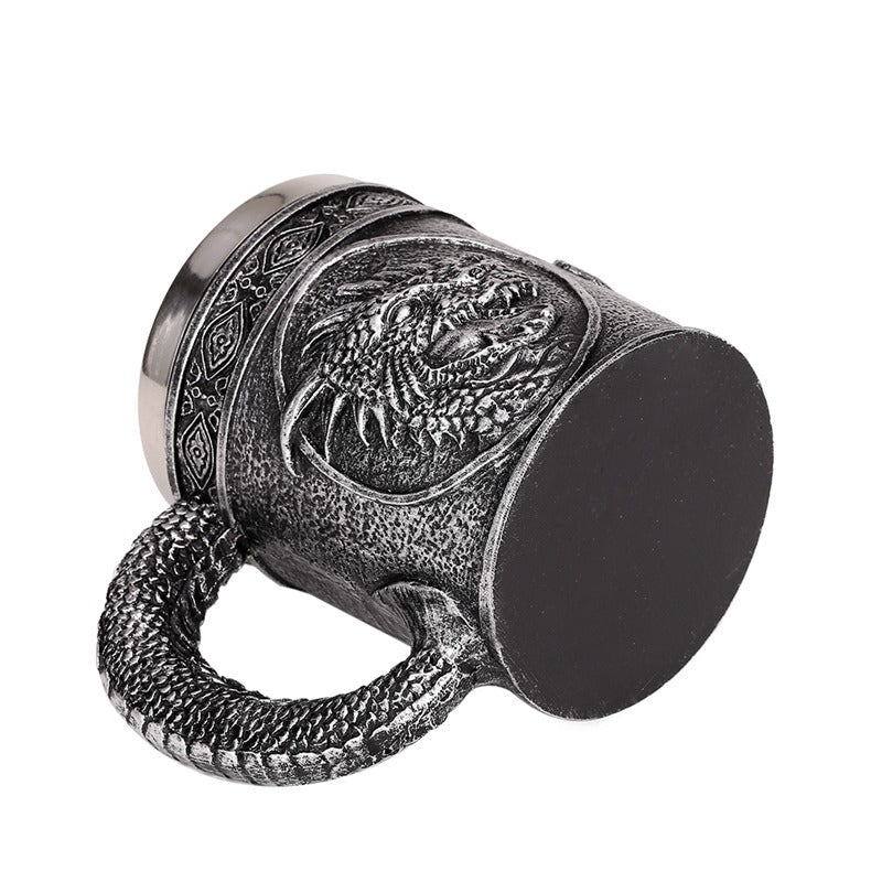 Silver Resin and Stainless Steel Beer 450ml Mug / Retro Viking Pub Bar Mug with Dragon Head