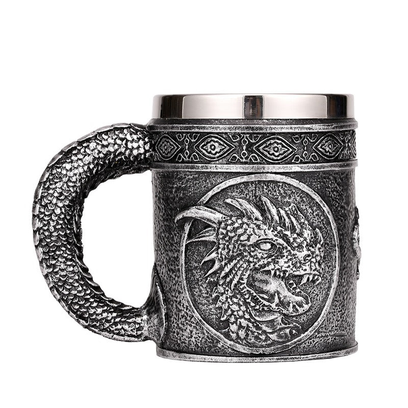 Silver Resin and Stainless Steel Beer 450ml Mug / Retro Viking Pub Bar Mug with Dragon Head