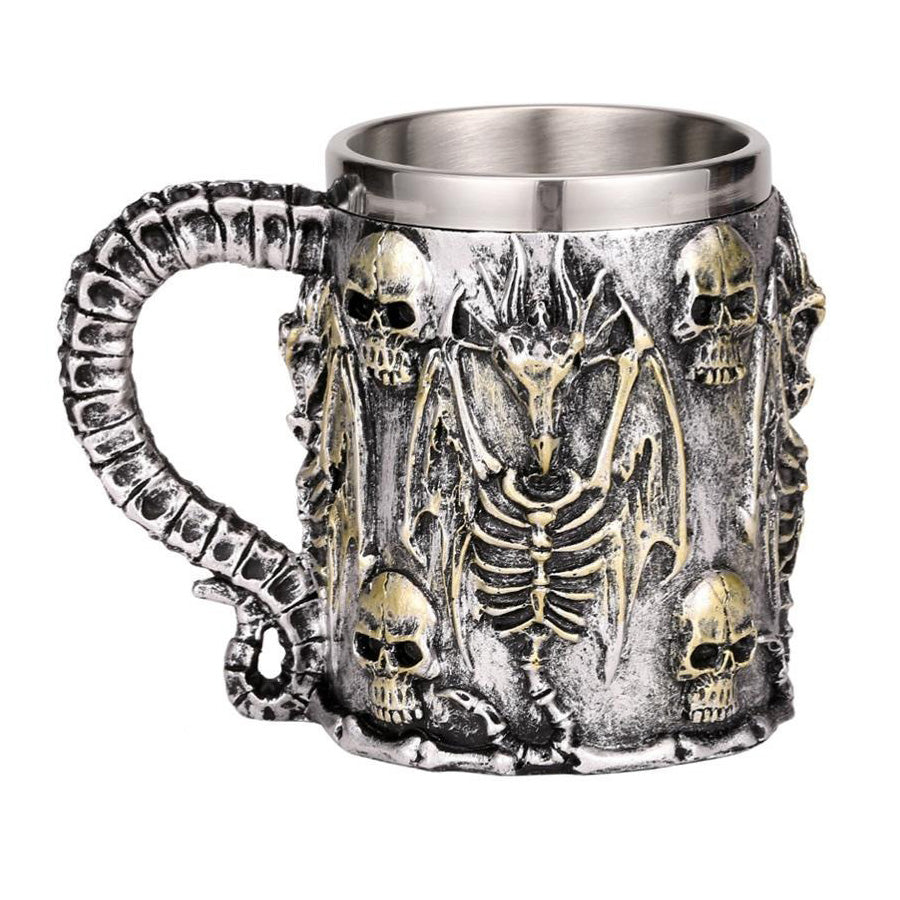 Silver Skull Dragon Resin and Stainless Steel Beer 450ml Mug / Retro Viking Pub Bar Mug