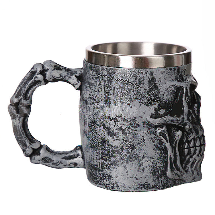 Silver Skull King Resin and Stainless Steel Beer 450ml Mug / Retro Viking Pub Bar Mug