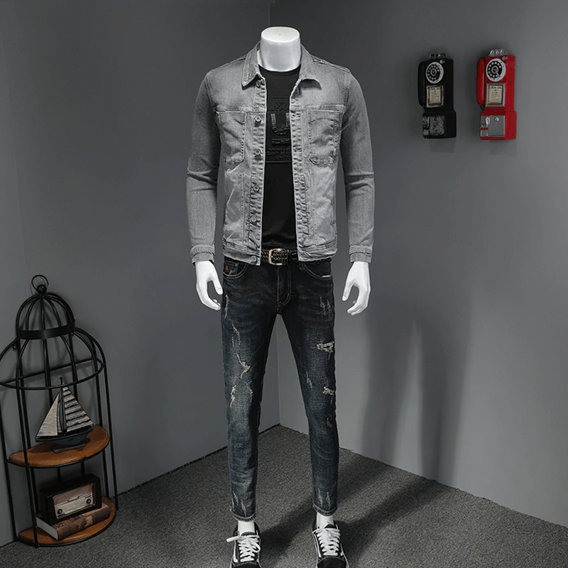 Single-breasted Denim Jacket with Turndown Collar / Men's Slim Fit Gray Jacket / Male Cool Outfits