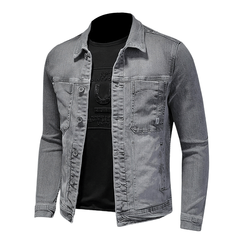 Single-breasted Denim Jacket with Turndown Collar / Men's Slim Fit Gray Jacket / Male Cool Outfits