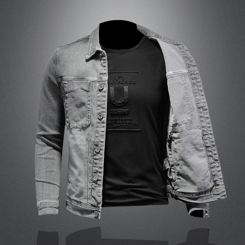 Single-breasted Denim Jacket with Turndown Collar / Men's Slim Fit Gray Jacket / Male Cool Outfits