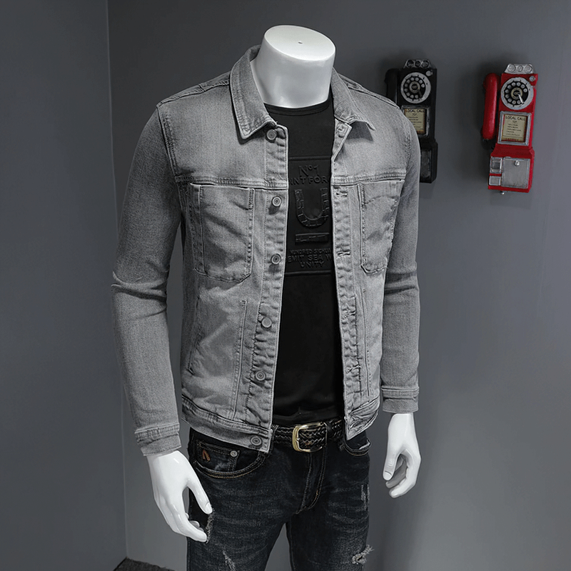 Single-breasted Denim Jacket with Turndown Collar / Men's Slim Fit Gray Jacket / Male Cool Outfits