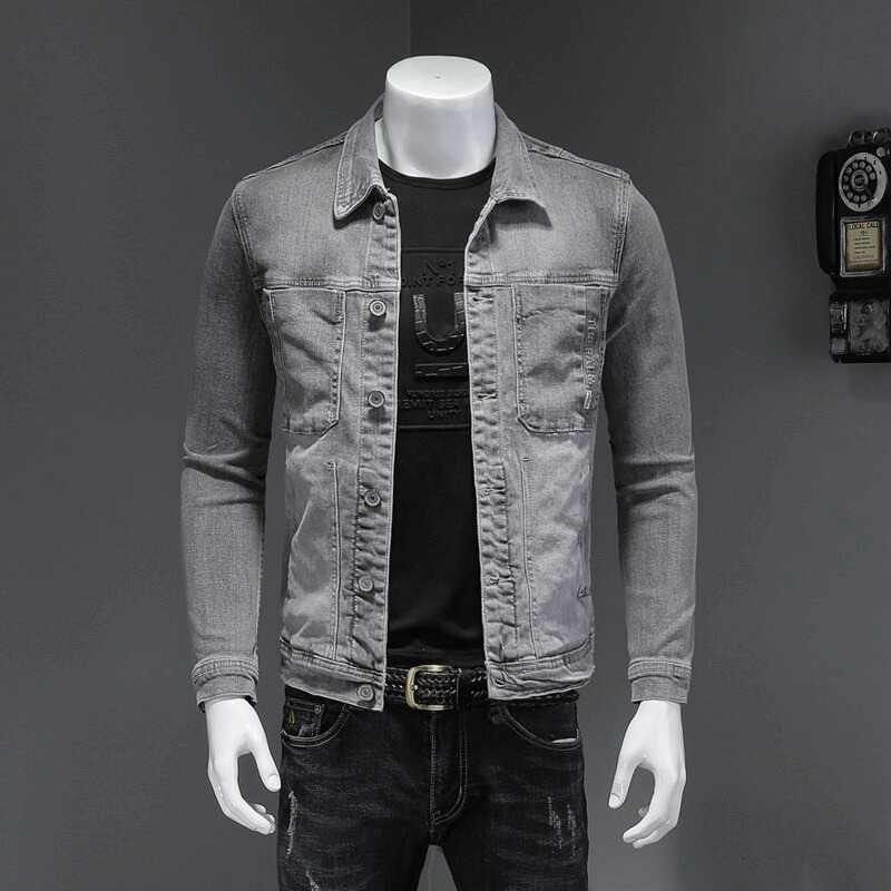 Single-breasted Denim Jacket with Turndown Collar / Men's Slim Fit Gray Jacket / Male Cool Outfits