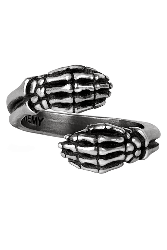 Skeletal Hands Last Embrace Ring in Pewter with Hug Design