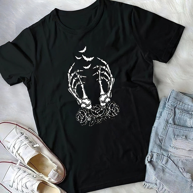Skeleton Fingers Funny Graphic T Shirts / Female Punk Style Black Tshirt / Gothic Short Sleeve Tops