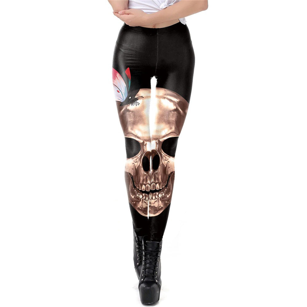 Skeleton Halloween Leggings Womens / Female Workout Pants with Digital Print in Gothic Style #1