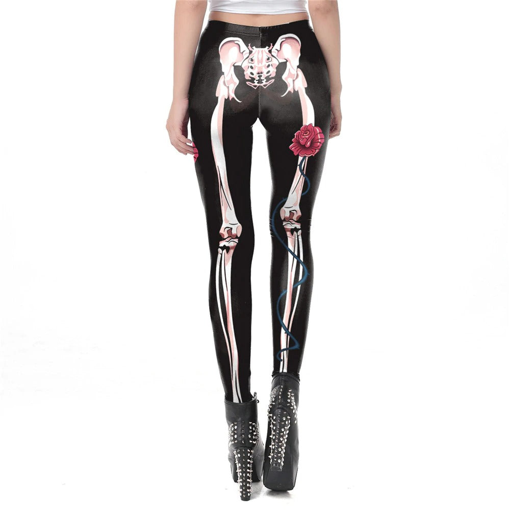 Skeleton Halloween Leggings Womens / Female Workout Pants with Digital Print in Gothic Style #2