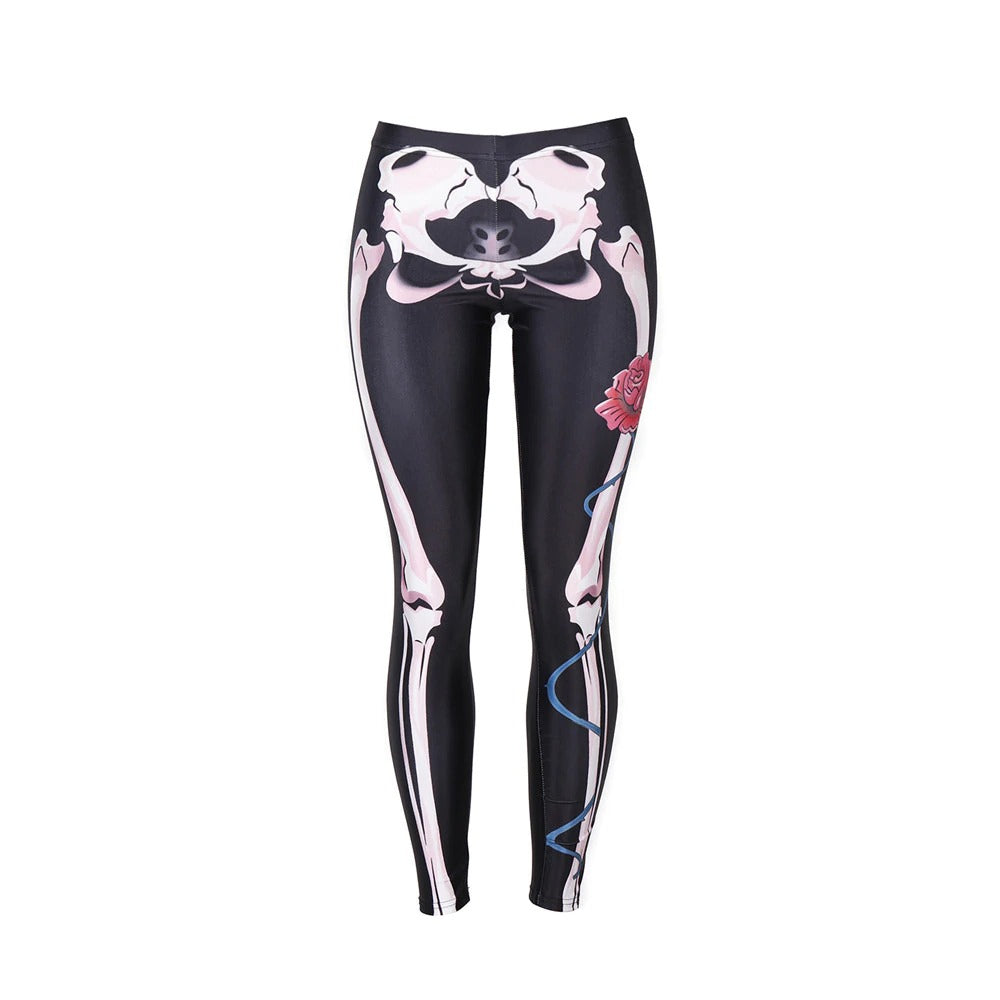Skeleton Halloween Leggings Womens / Female Workout Pants with Digital Print in Gothic Style #2