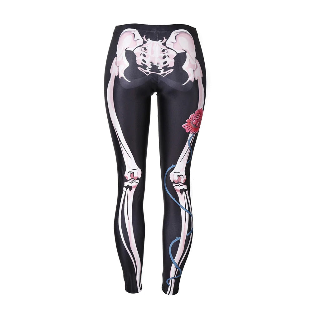 Skeleton Halloween Leggings Womens / Female Workout Pants with Digital Print in Gothic Style #2