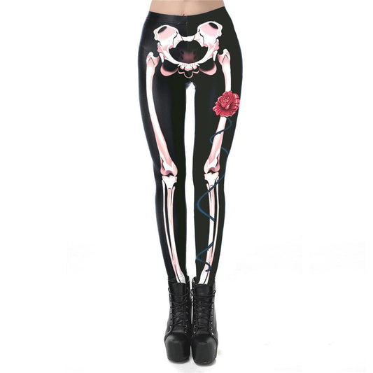 Skeleton Halloween Leggings Womens / Female Workout Pants with Digital Print in Gothic Style #2