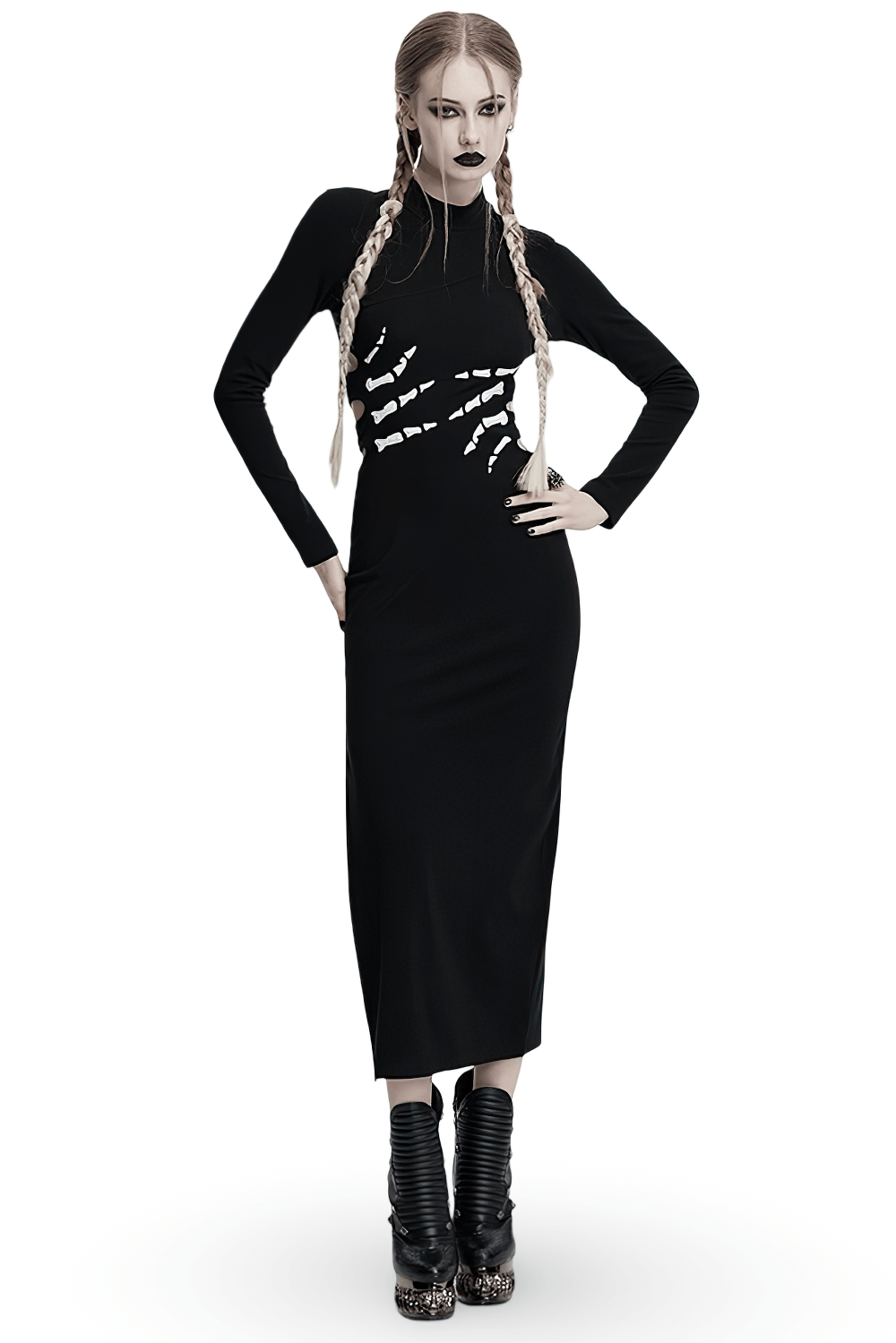 Skeleton Print Black Dress with Ghost Claw Design