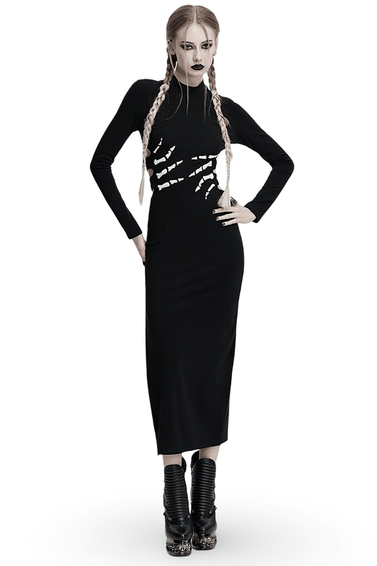 Skeleton Print Black Dress with Ghost Claw Design