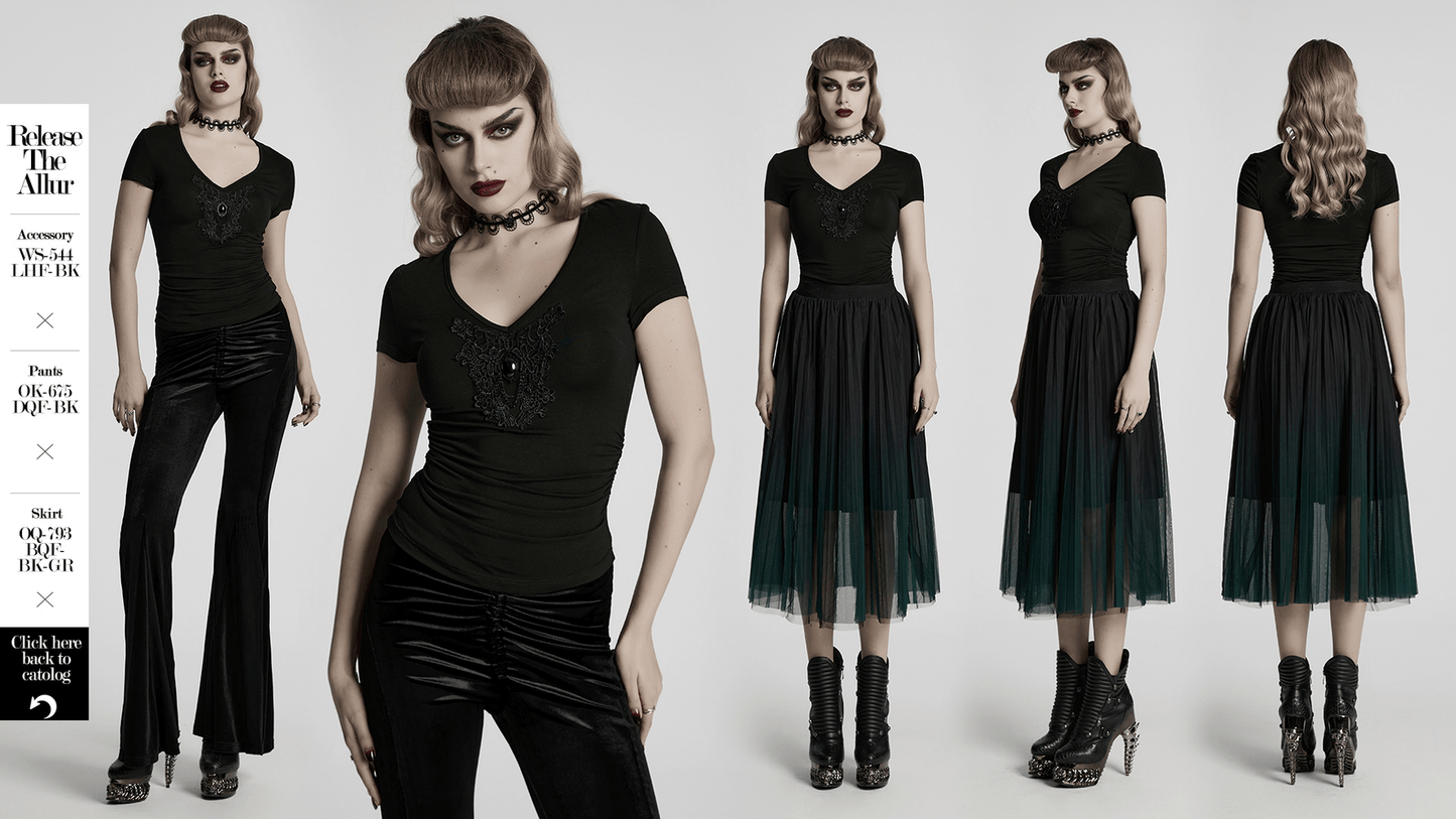 Skull and Lace Black V-Neck Elastic T-Shirt for Women