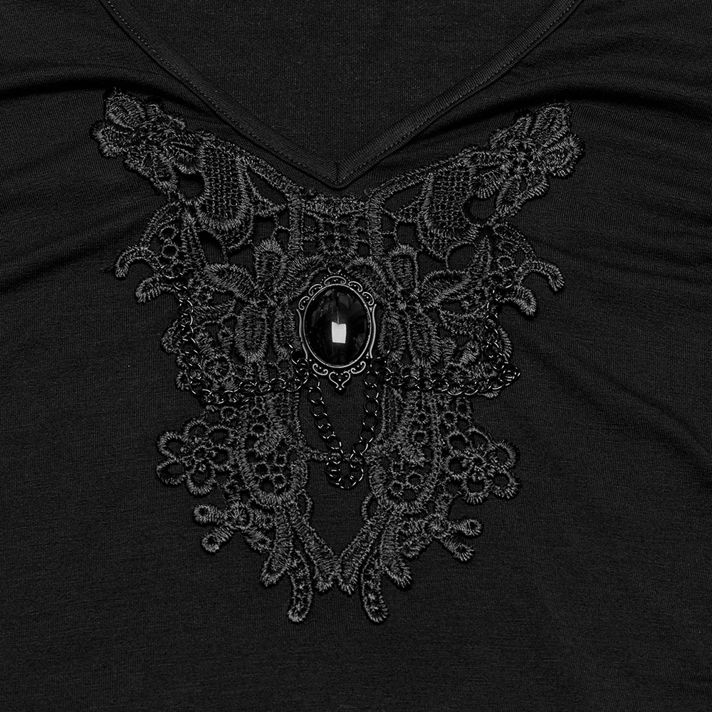 Skull and Lace Black V-Neck Elastic T-Shirt for Women