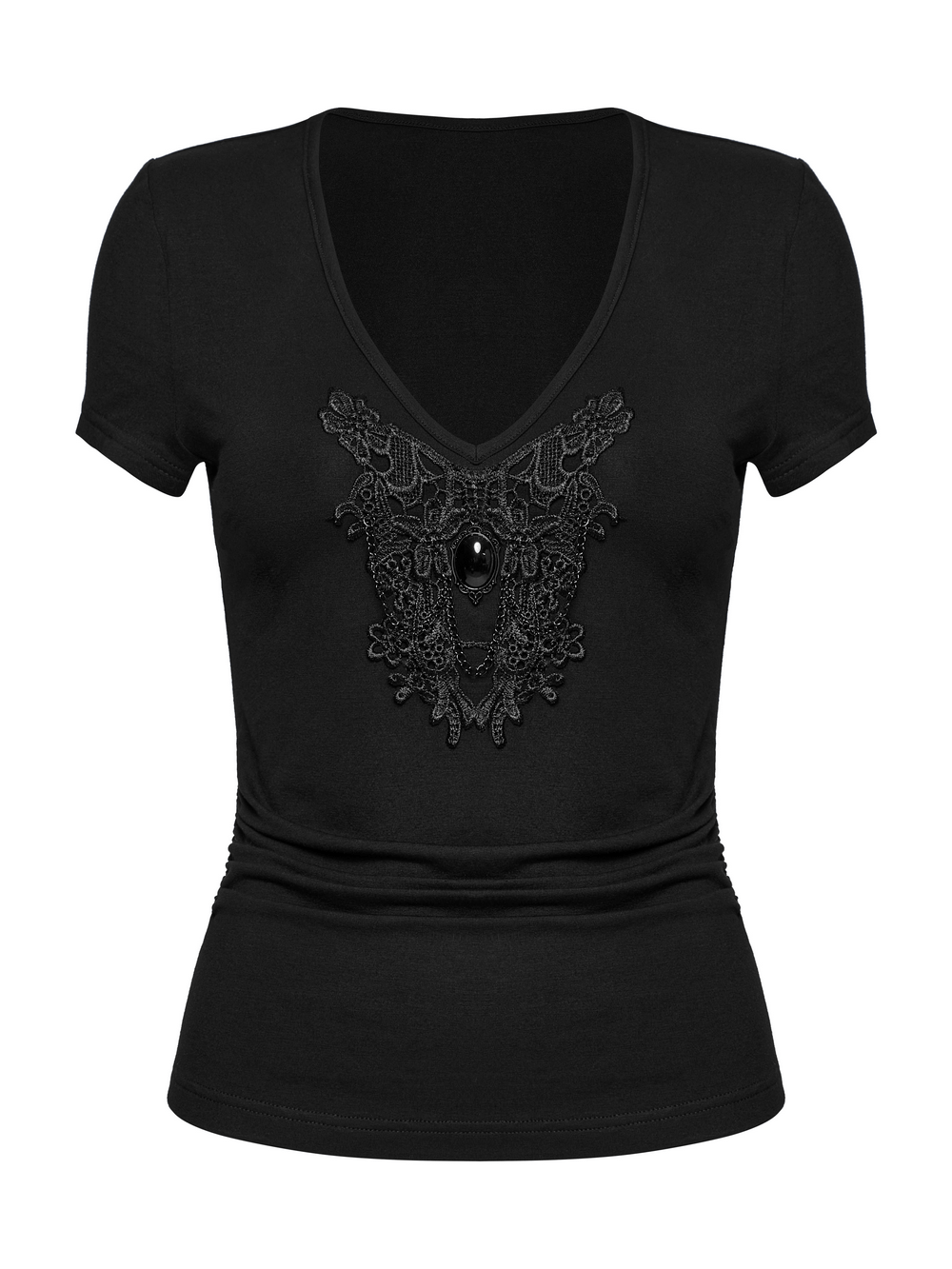 Skull and Lace Black V-Neck Elastic T-Shirt for Women