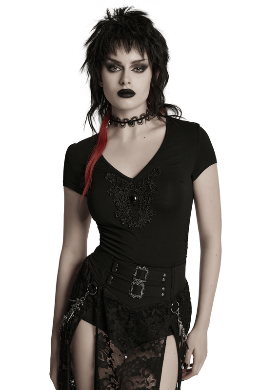 Skull and Lace Black V-Neck Elastic T-Shirt for Women