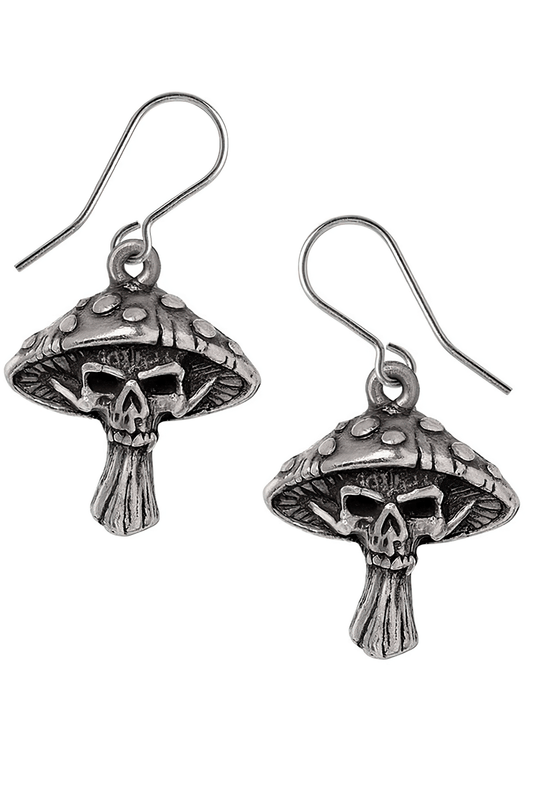 Skull and Mushroom Gothic Drop Earrings in Fine Pewter