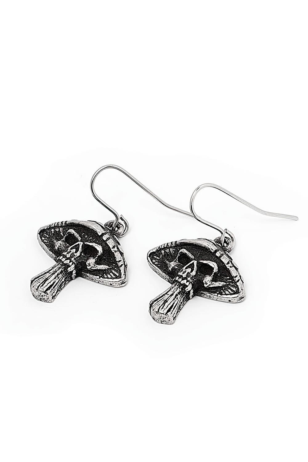 Skull and Mushroom Gothic Drop Earrings in Fine Pewter