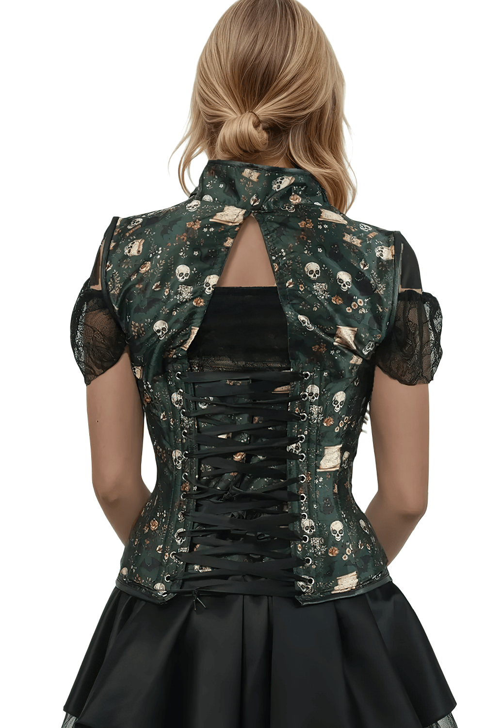 Skull and Rose Printed Dark Green Underbust Corset