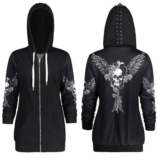 Skull and Wings Printed Hoodies for Women / Halloween Long Sleeve Zip-Up Sweatshirt
