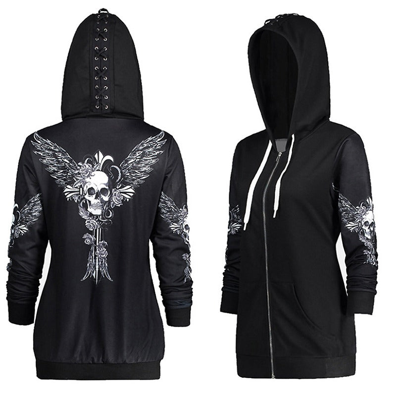 Skull and Wings Printed Hoodies for Women / Halloween Long Sleeve Zip-Up Sweatshirt
