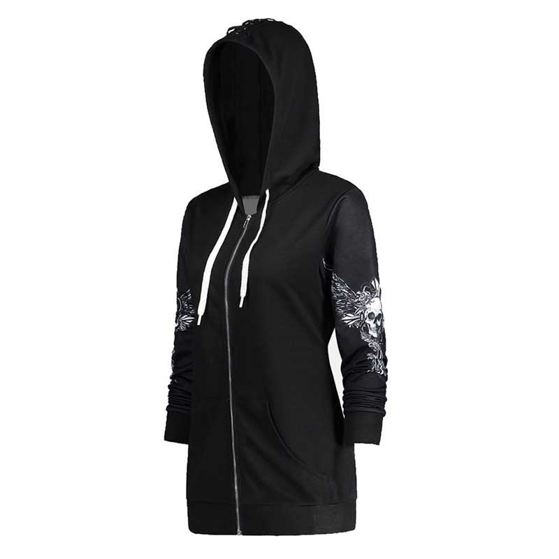 Skull and Wings Printed Hoodies for Women / Halloween Long Sleeve Zip-Up Sweatshirt