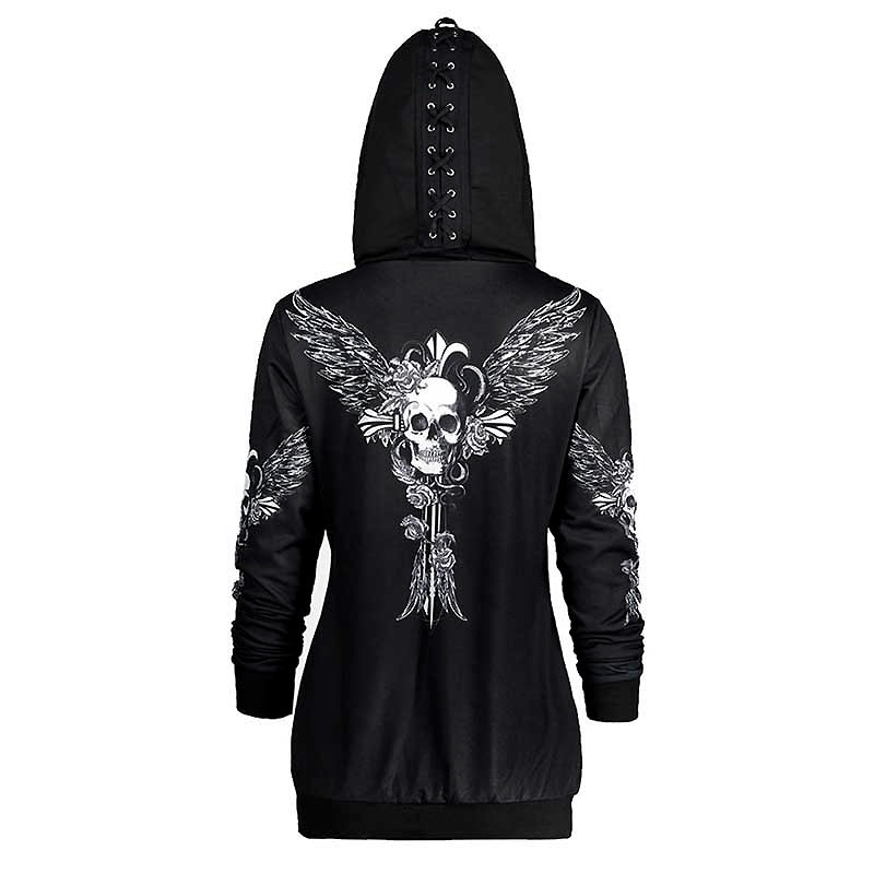 Skull and Wings Printed Hoodies for Women / Halloween Long Sleeve Zip-Up Sweatshirt