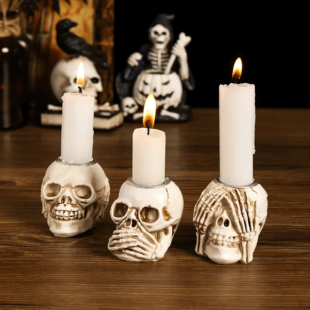 Skull Candle Holders Set with Skeleton Hand Design