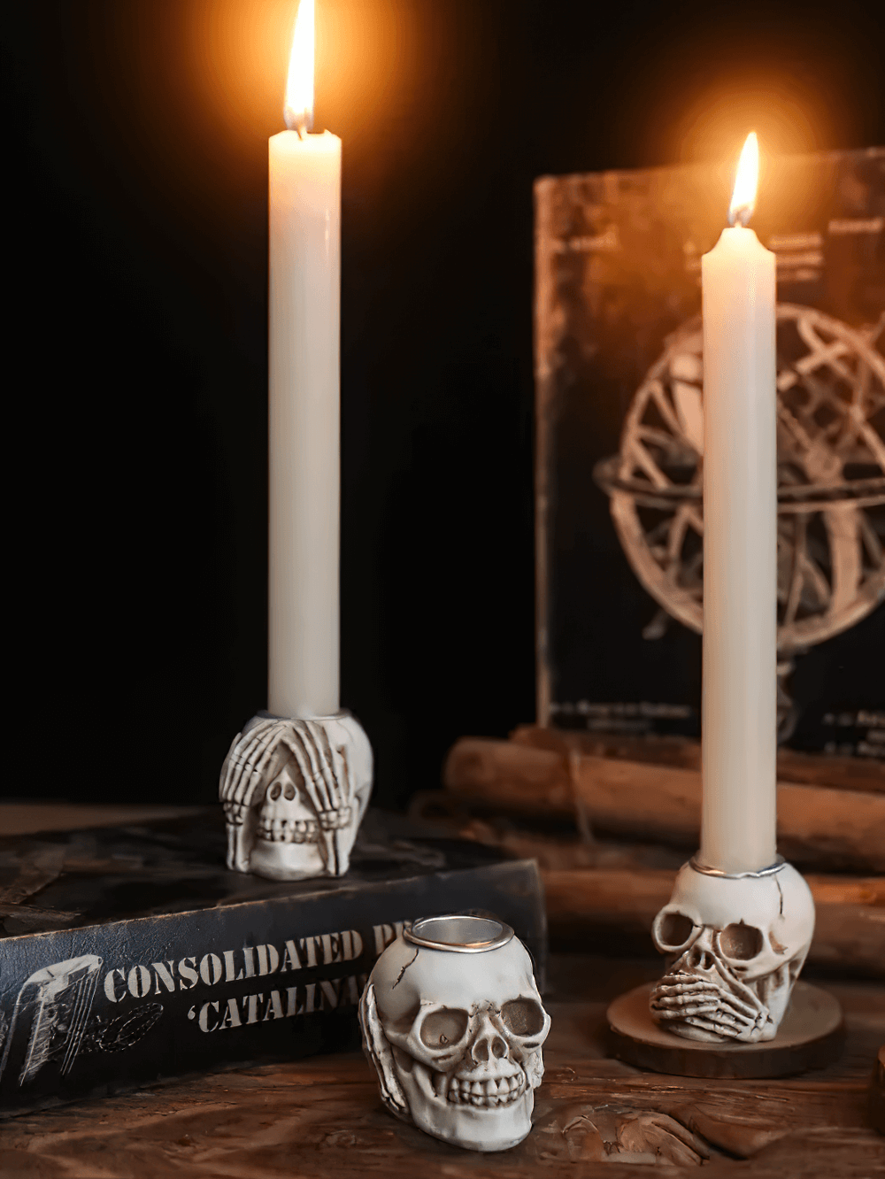 Skull Candle Holders Set with Skeleton Hand Design